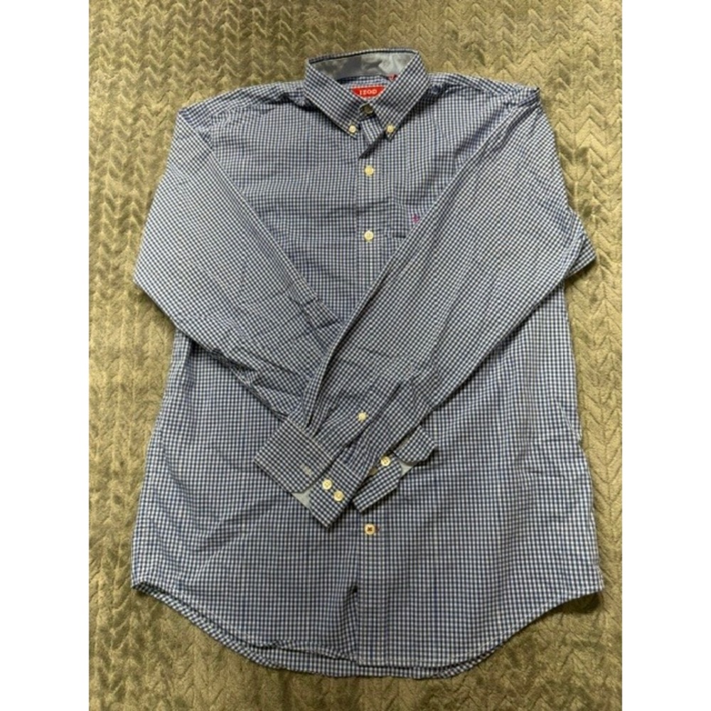 IZOD Mens Small Blue White Gingham Non-Iron Stretch Button Down Shirt 0610